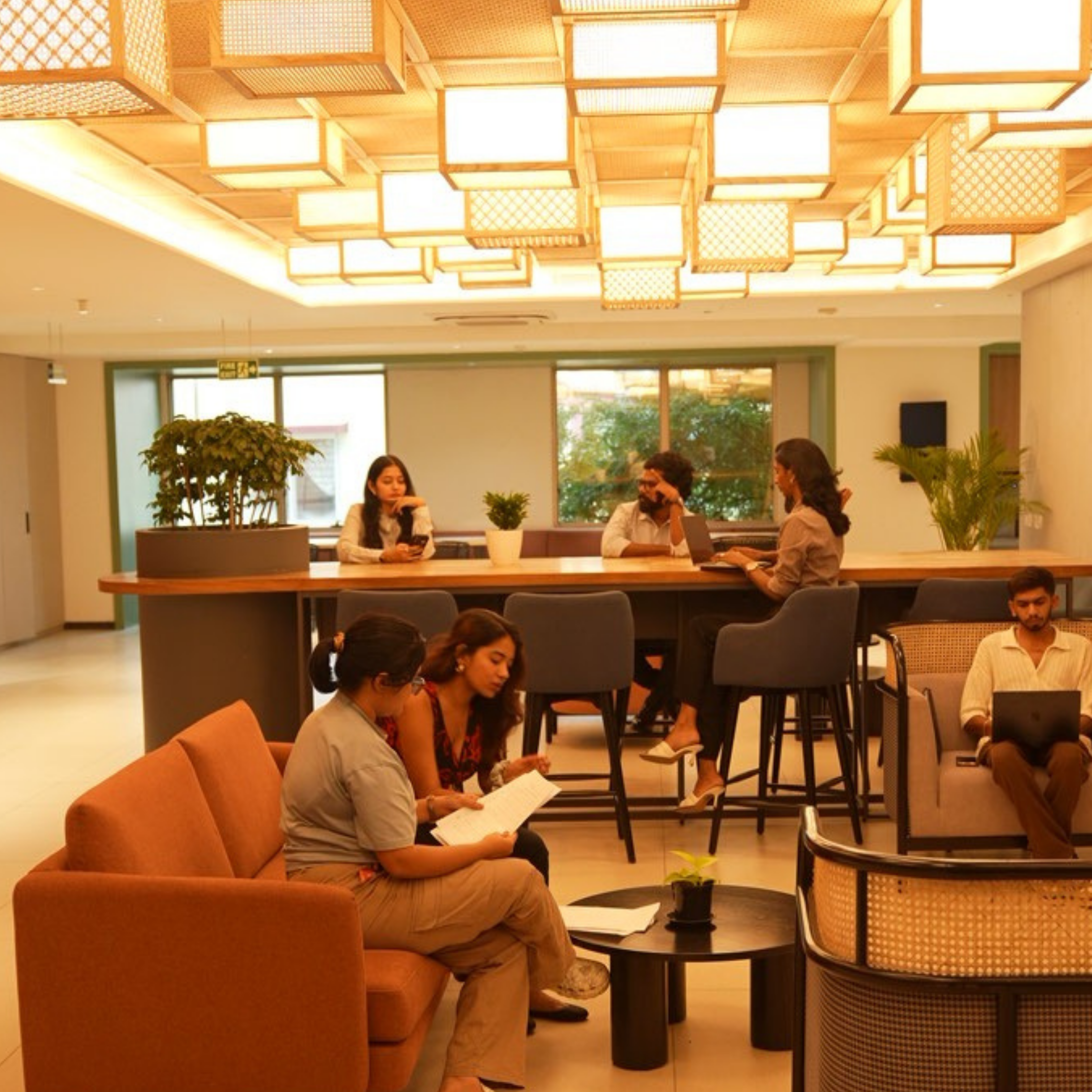 Modern coworking space with AI-powered smart building systems